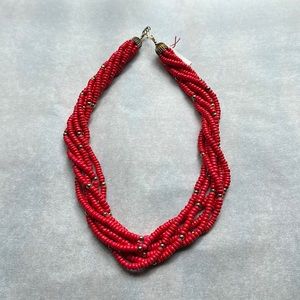 Vintage Bright Red Wood Bead Twisted Strand Chunky Necklace